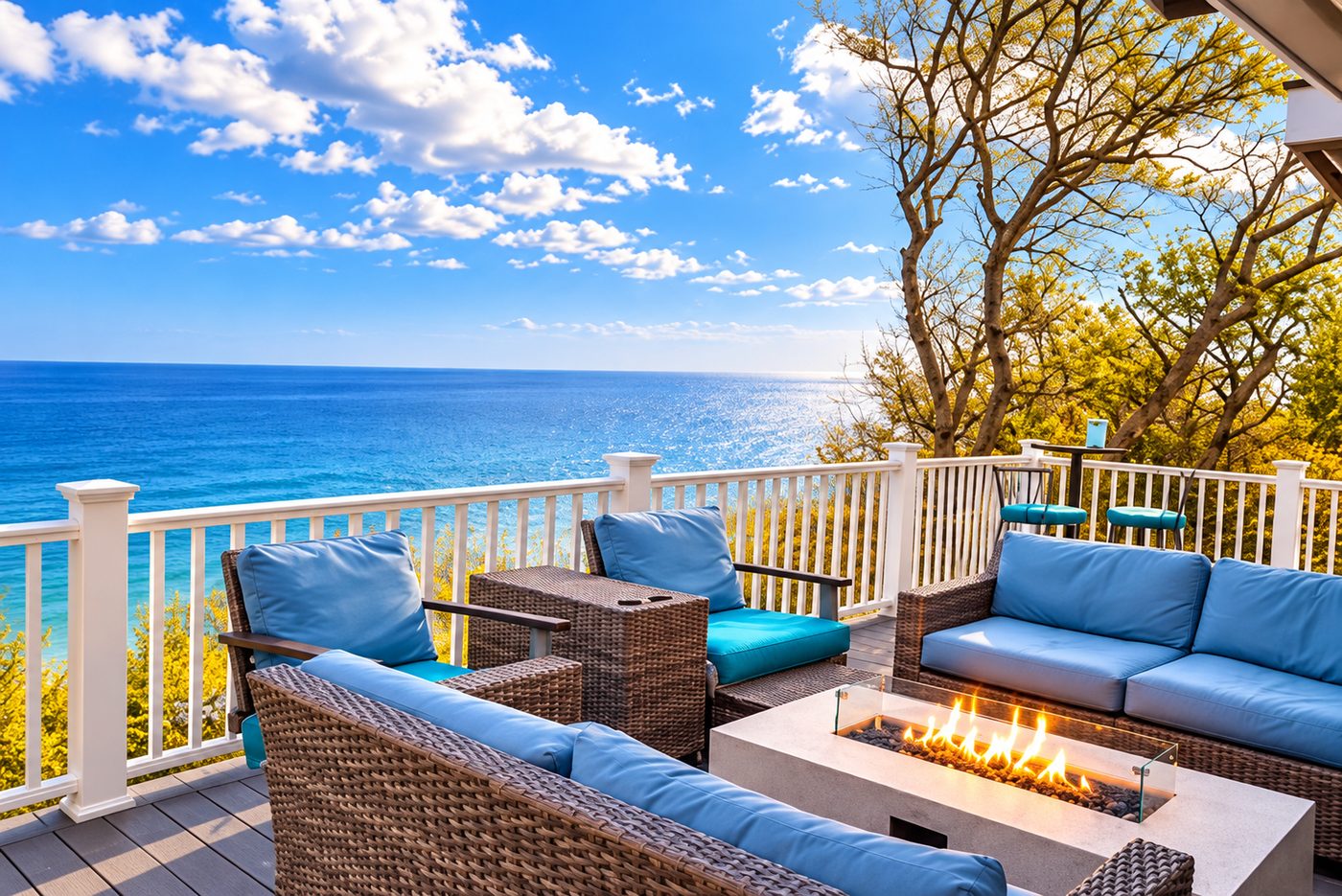 Oceanfront deck with a fire pit overlooking the water